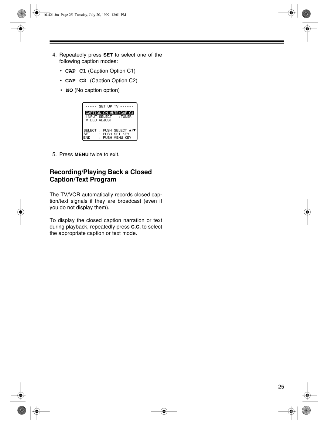 Optimus 16-422, 16-421 owner manual Recording/Playing Back a Closed Caption/Text Program 