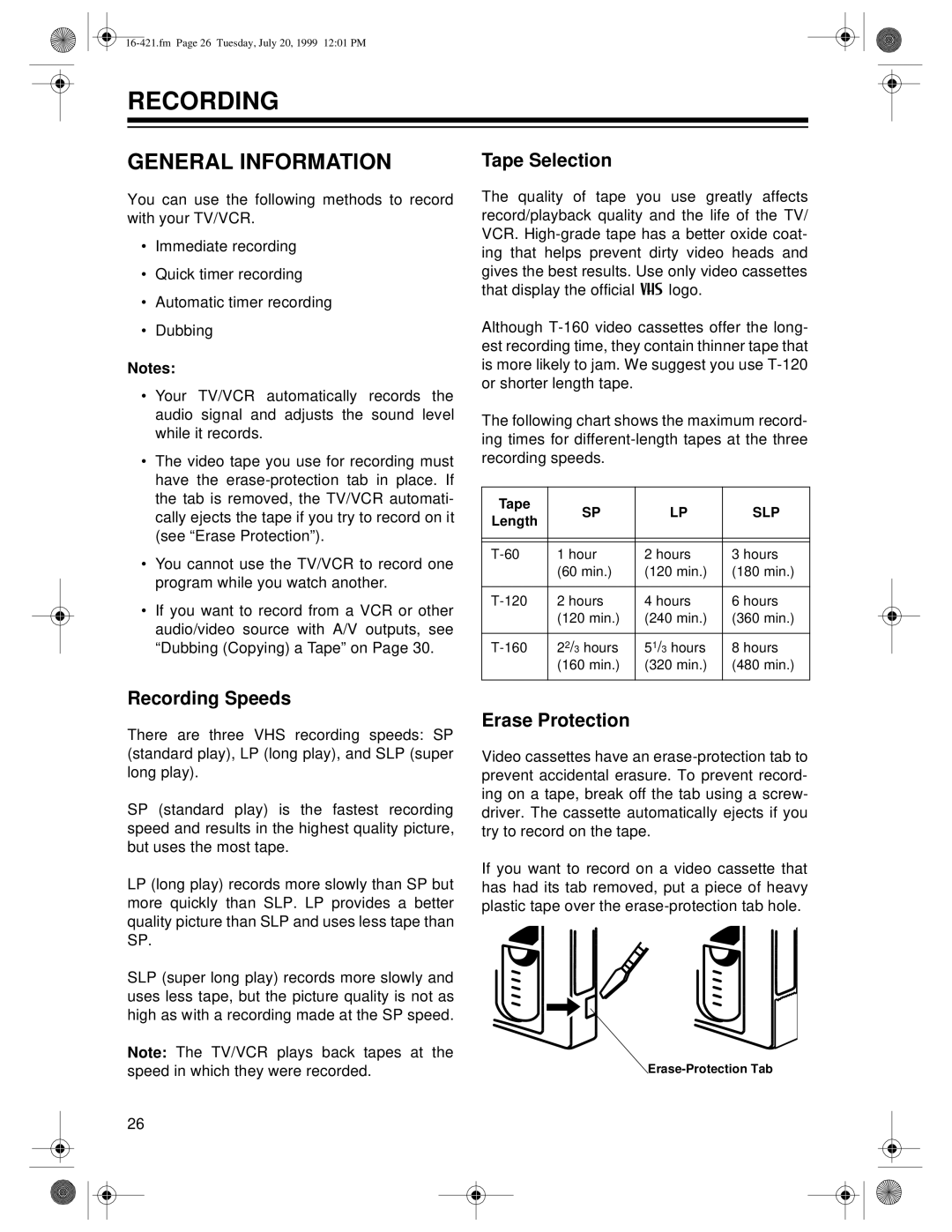 Optimus 16-421, 16-422 owner manual General Information, Tape Selection, Recording Speeds, Erase Protection 