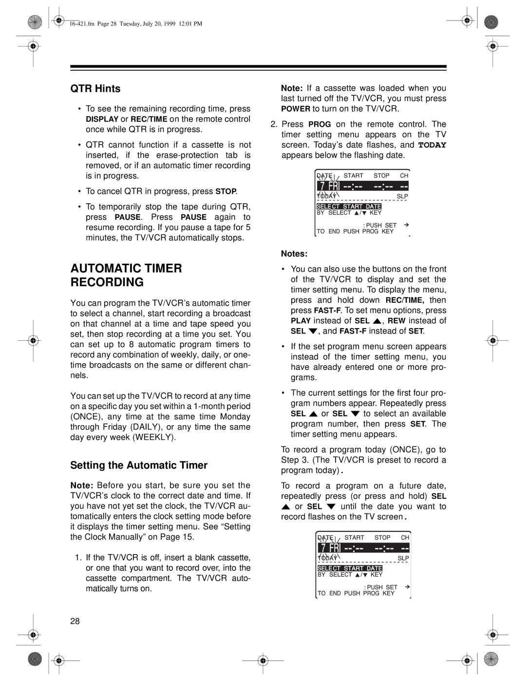 Optimus 16-421, 16-422 owner manual Automatic Timer Recording, QTR Hints, Setting the Automatic Timer 