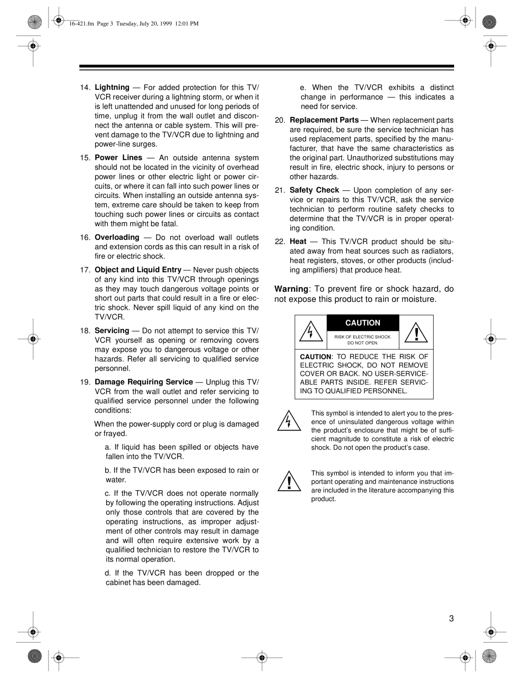 Optimus 16-422, 16-421 owner manual Fm Page 3 Tuesday, July 20, 1999 1201 PM 