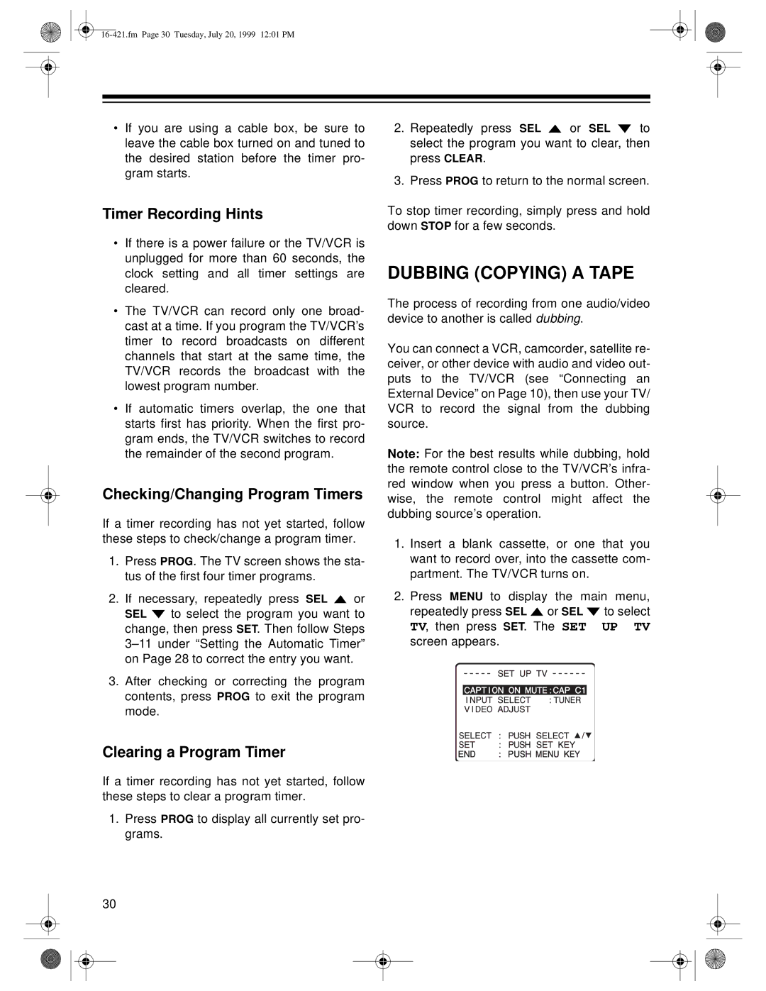 Optimus 16-421 Dubbing Copying a Tape, Timer Recording Hints, Checking/Changing Program Timers, Clearing a Program Timer 