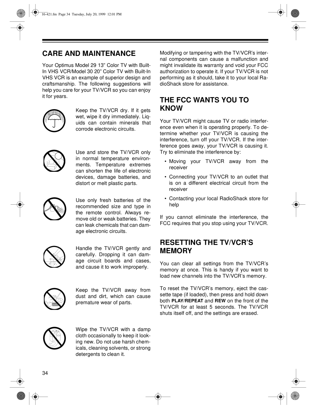 Optimus 16-421, 16-422 owner manual Care and Maintenance, FCC Wants YOU to Know, Resetting the TV/VCR’S Memory 