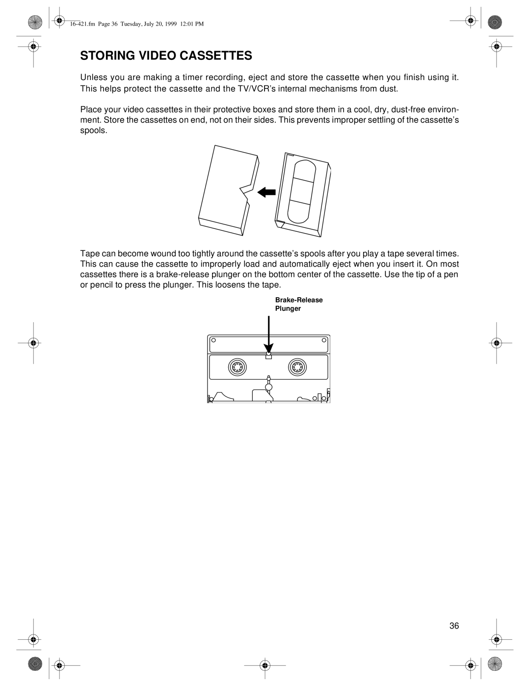 Optimus 16-421, 16-422 owner manual Storing Video Cassettes 