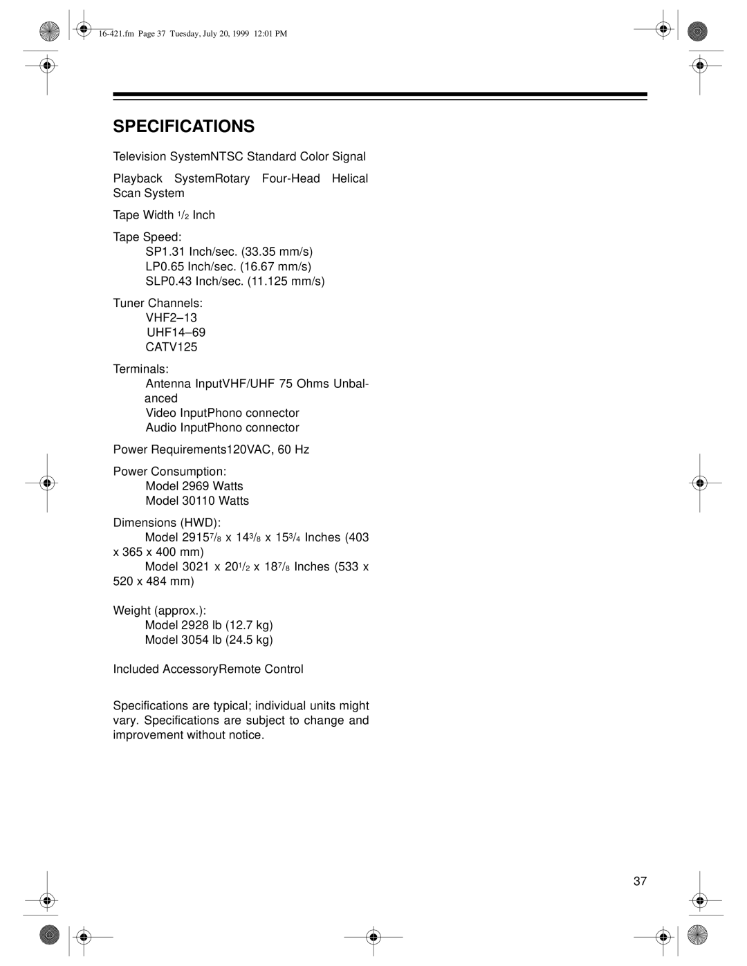 Optimus 16-422, 16-421 owner manual Specifications, CATV125 