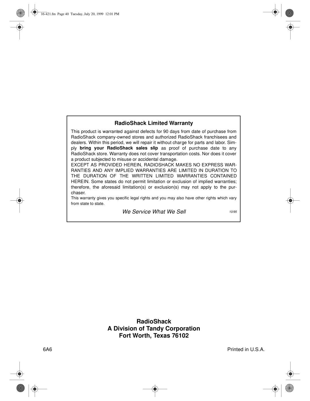 Optimus 16-421, 16-422 owner manual RadioShack Division of Tandy Corporation Fort Worth, Texas, RadioShack Limited Warranty 