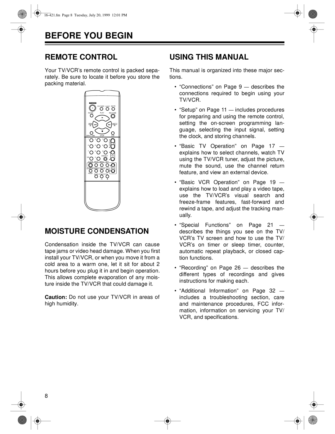 Optimus 16-421, 16-422 owner manual Before YOU Begin, Remote Control, Moisture Condensation, Using this Manual 