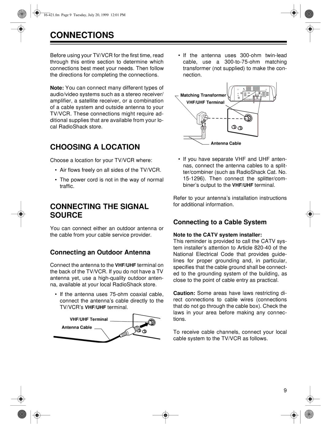 Optimus 16-422, 16-421 Connections, Choosing a Location, Connecting the Signal Source, Connecting an Outdoor Antenna 