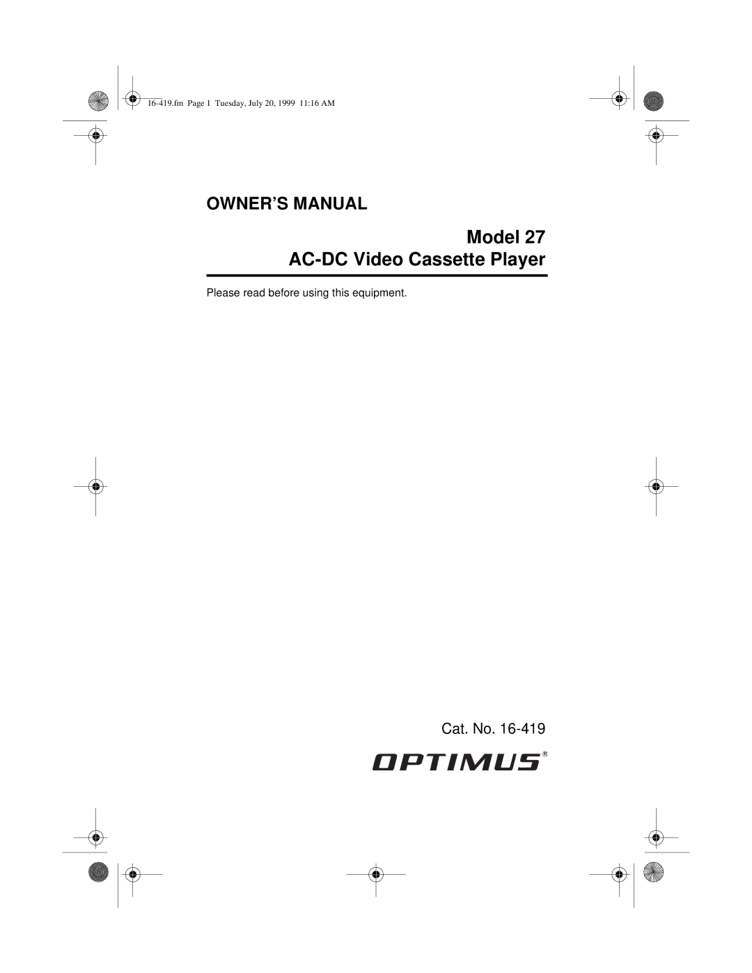 Optimus owner manual Model 27 AC-DC Video Cassette Player 