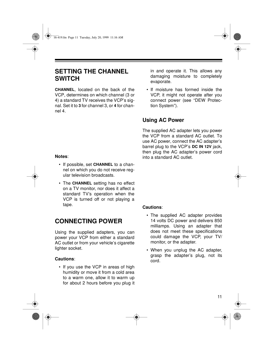 Optimus 27 owner manual Setting the Channel Switch, Connecting Power, Using AC Power 