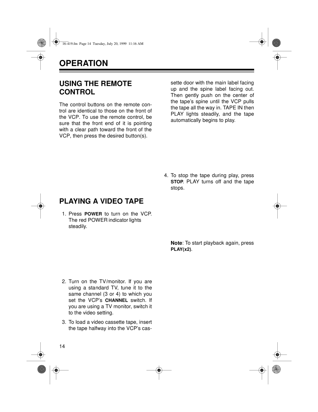 Optimus 27 owner manual Operation, Using the Remote Control, Playing a Video Tape 