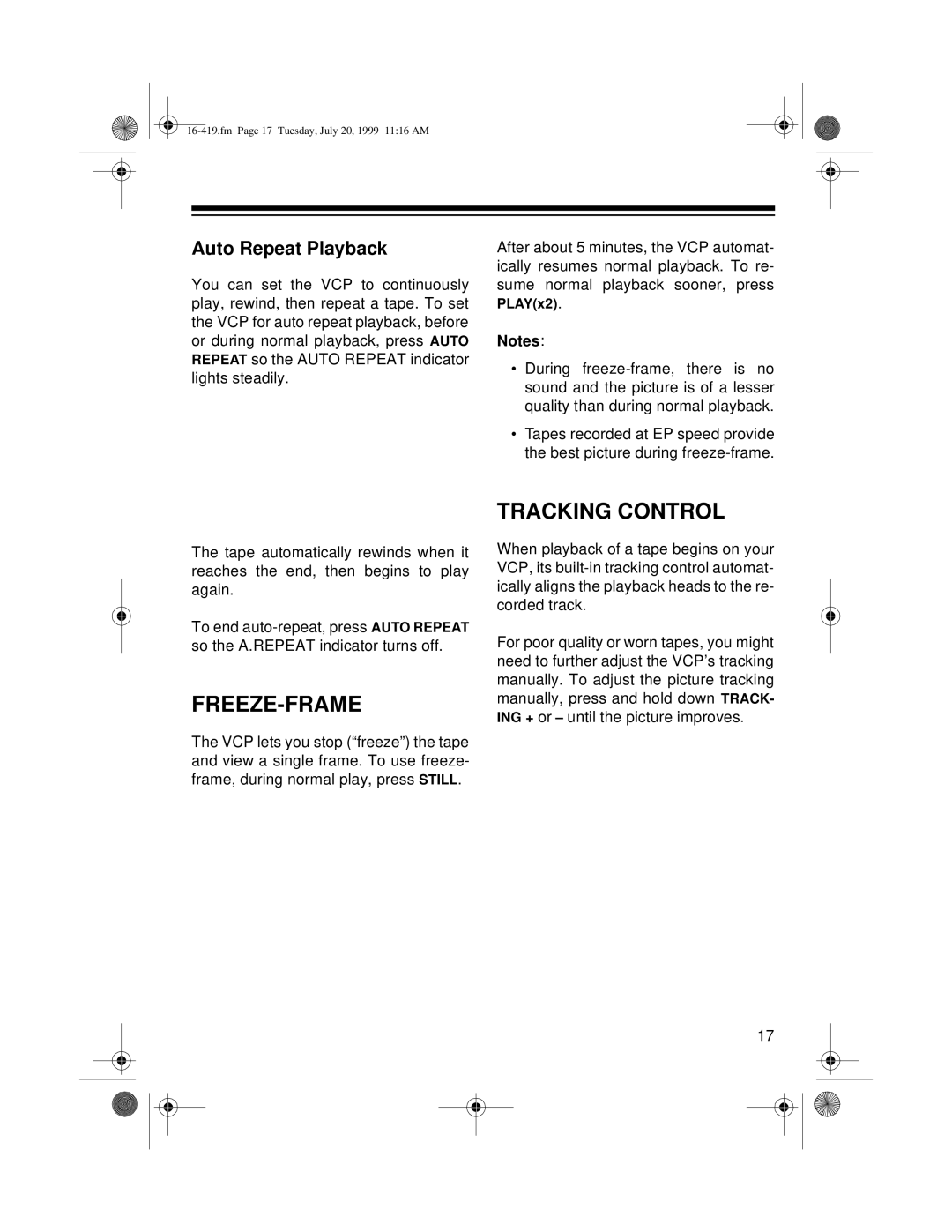 Optimus 27 owner manual Freeze-Frame, Tracking Control, Auto Repeat Playback 