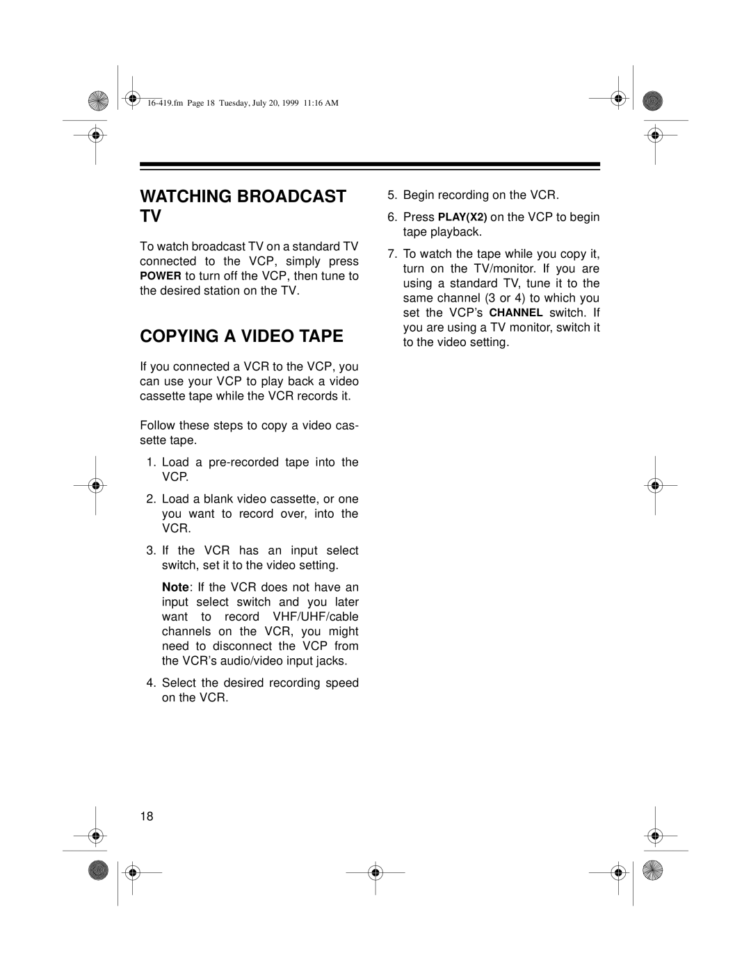 Optimus 27 owner manual Watching Broadcast TV, Copying a Video Tape 