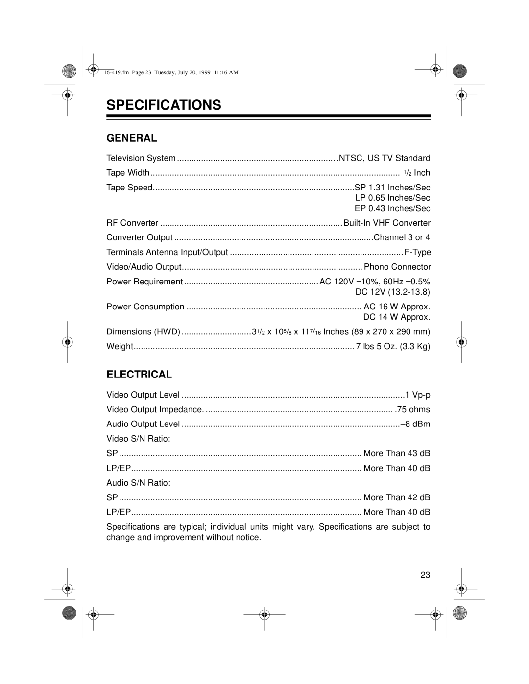 Optimus 27 owner manual Specifications, General 