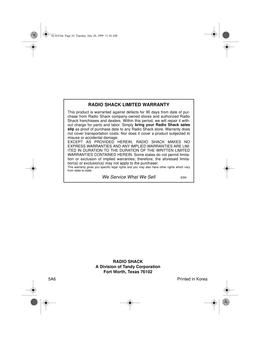 Optimus 27 owner manual Radio Shack Limited Warranty 