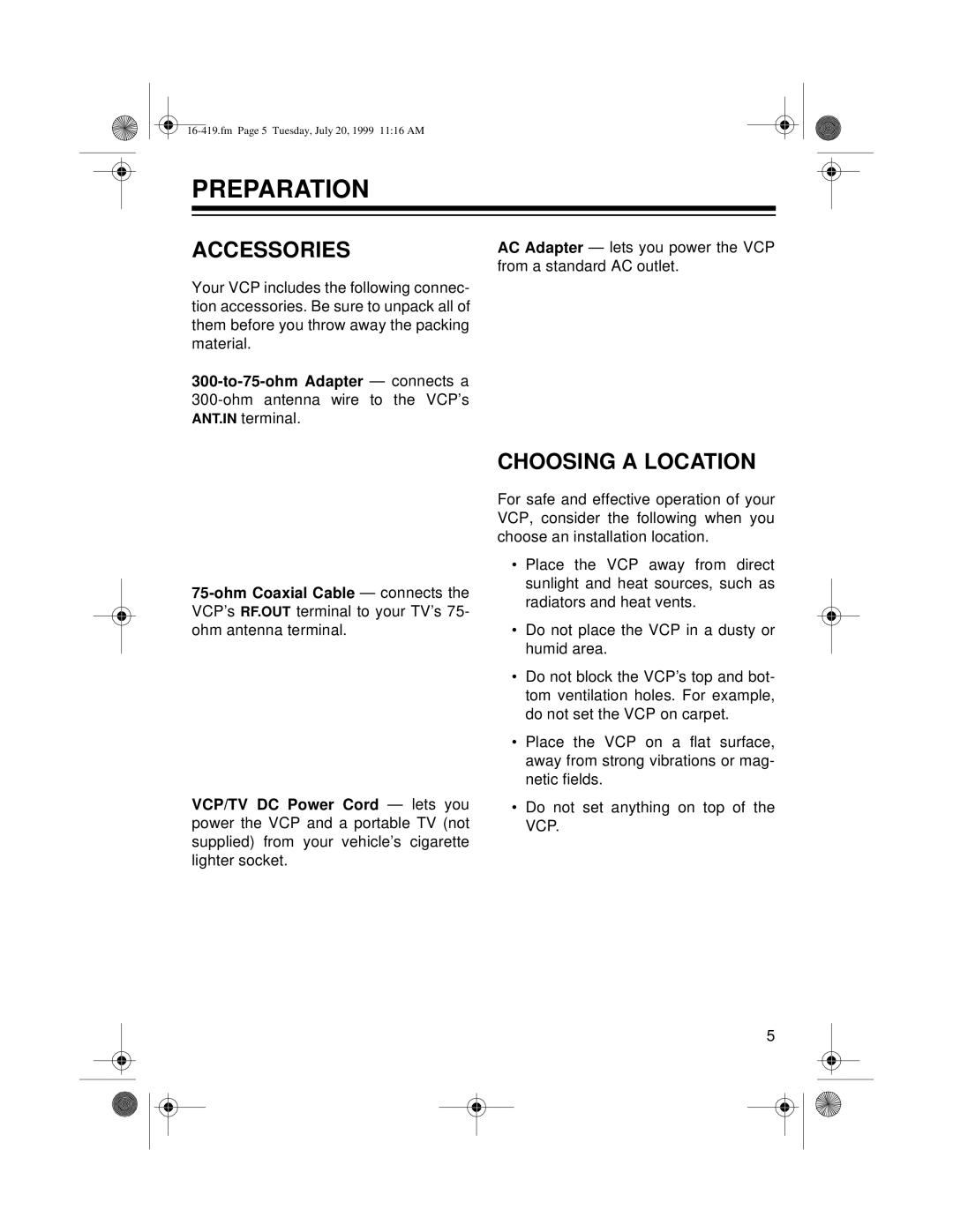 Optimus 27 owner manual Preparation, Accessories, Choosing a Location 