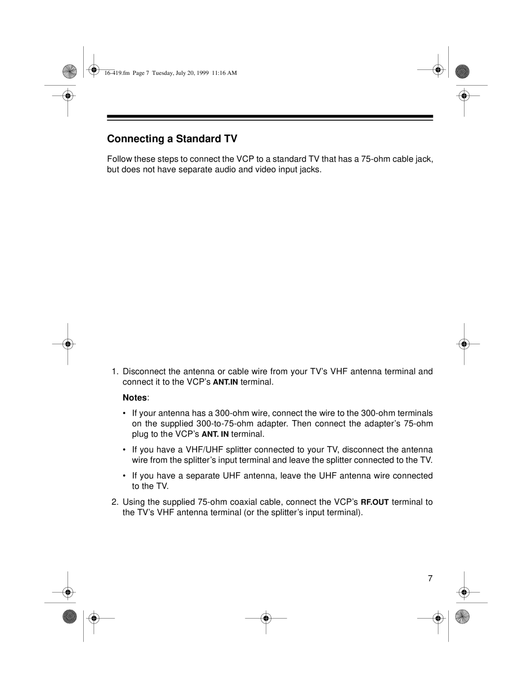 Optimus 27 owner manual Connecting a Standard TV 