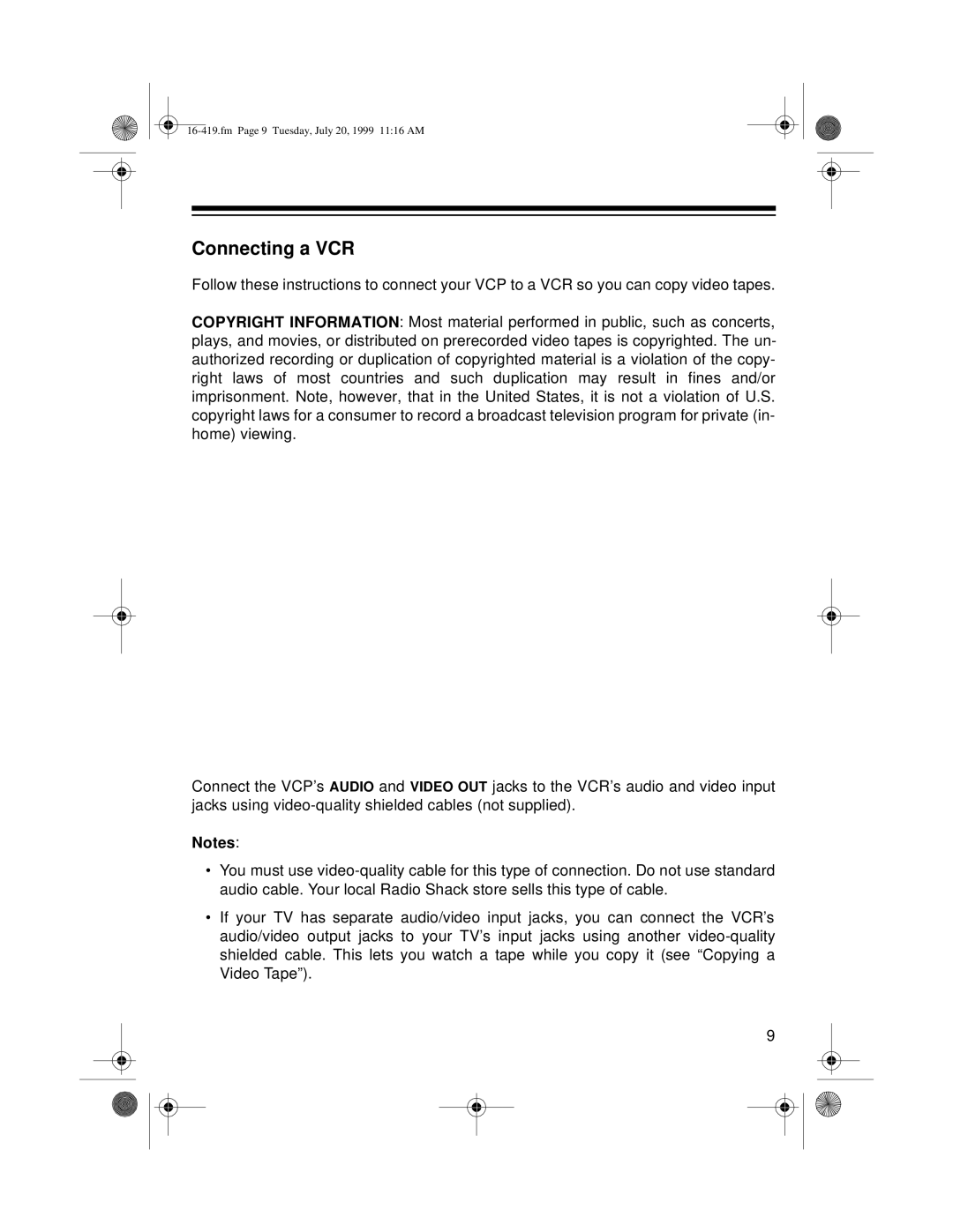 Optimus 27 owner manual Connecting a VCR 