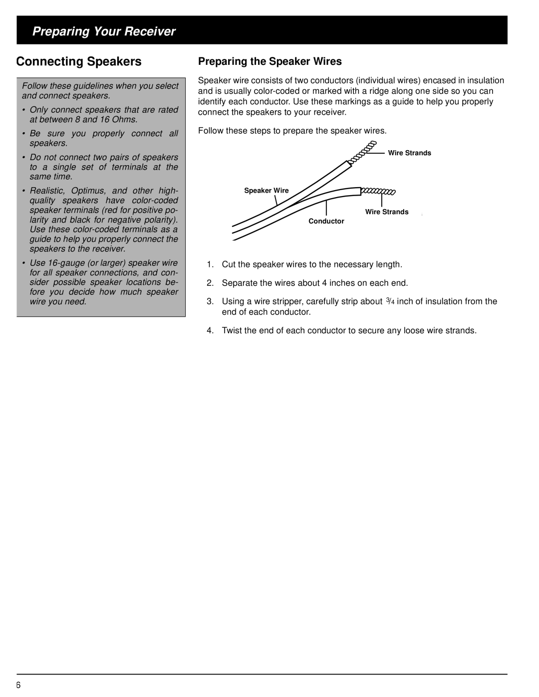 Optimus 31-3042 owner manual Connecting Speakers, Preparing the Speaker Wires 