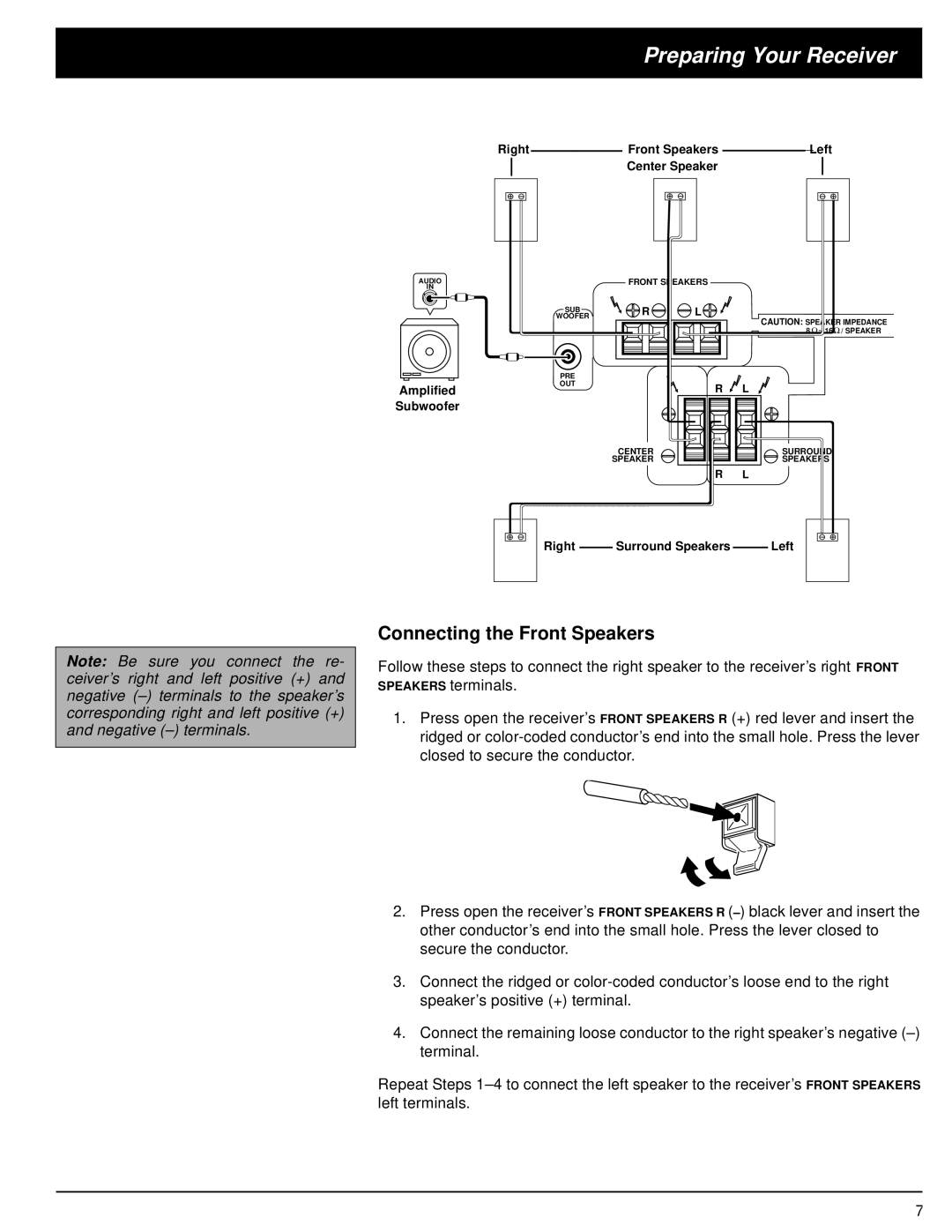 Optimus 31-3042 owner manual Connecting the Front Speakers 