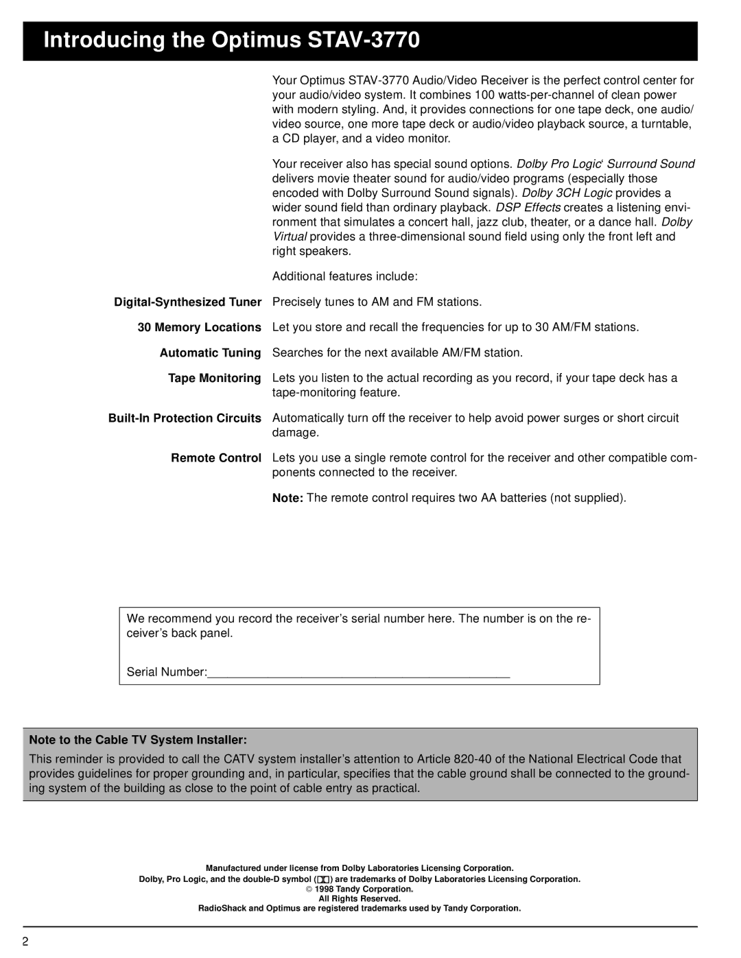 Optimus 31-3042 owner manual Introducing the Optimus STAV-3770 