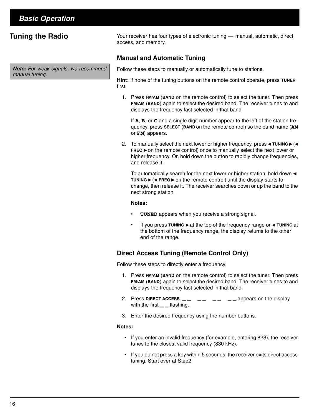 Optimus 31-3042 owner manual Tuning the Radio, Manual and Automatic Tuning, Direct Access Tuning Remote Control Only 