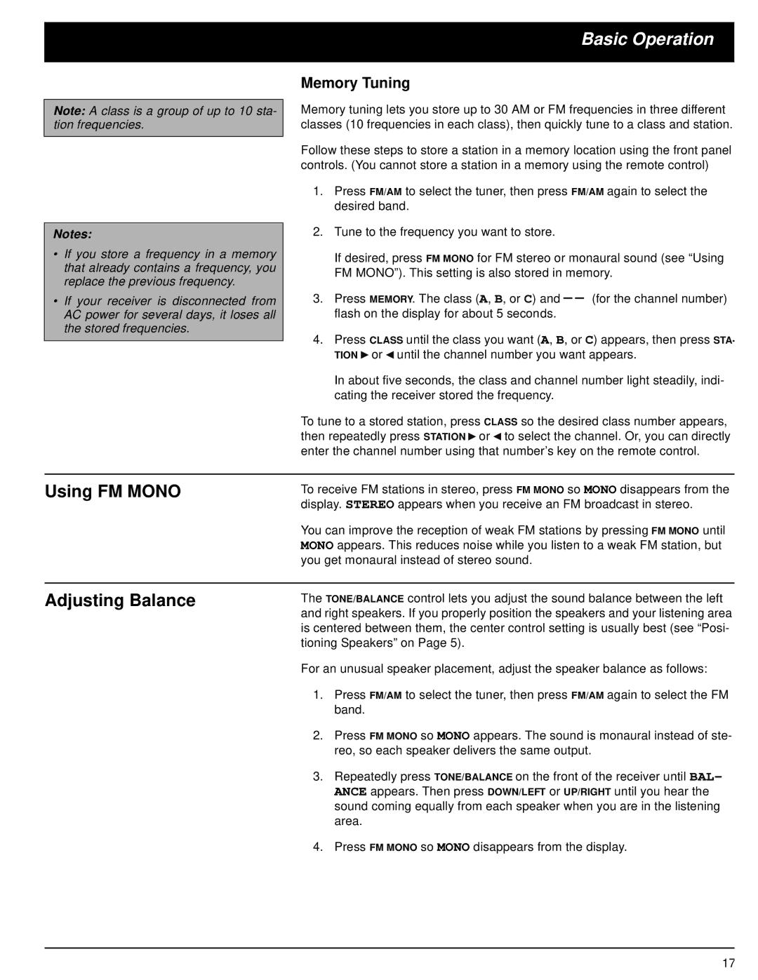 Optimus 31-3042 owner manual Using FM Mono, Adjusting Balance, Memory Tuning 