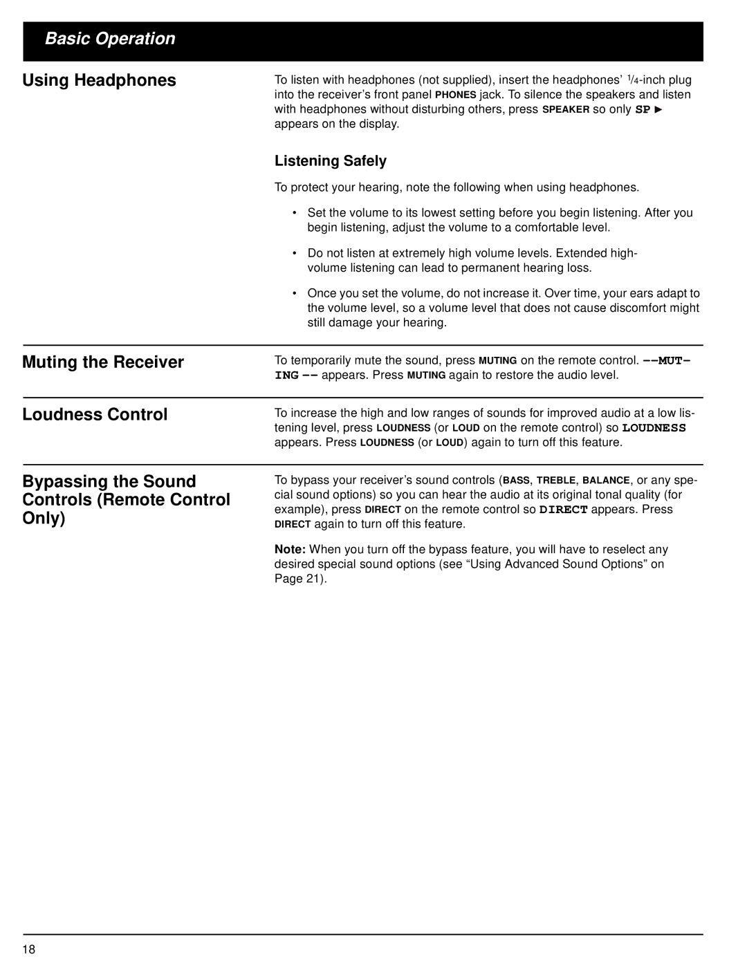 Optimus 31-3042 Using Headphones, Muting the Receiver, Loudness Control, Bypassing the Sound Controls Remote Control Only 