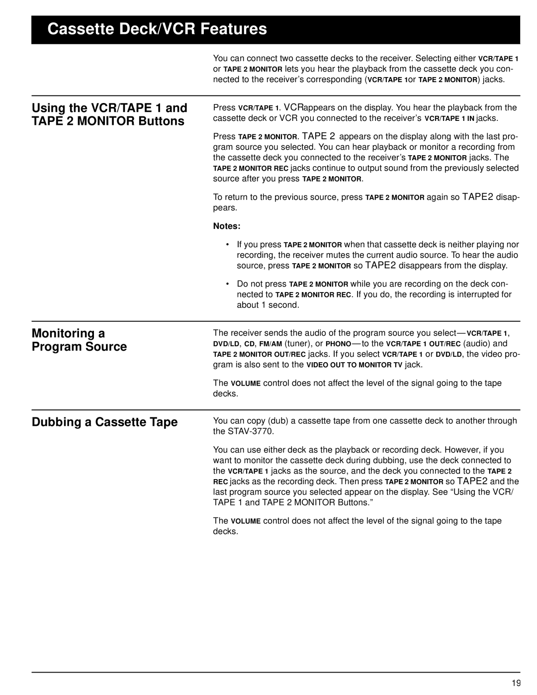 Optimus 31-3042 owner manual Cassette Deck/VCR Features, Dubbing a Cassette Tape 