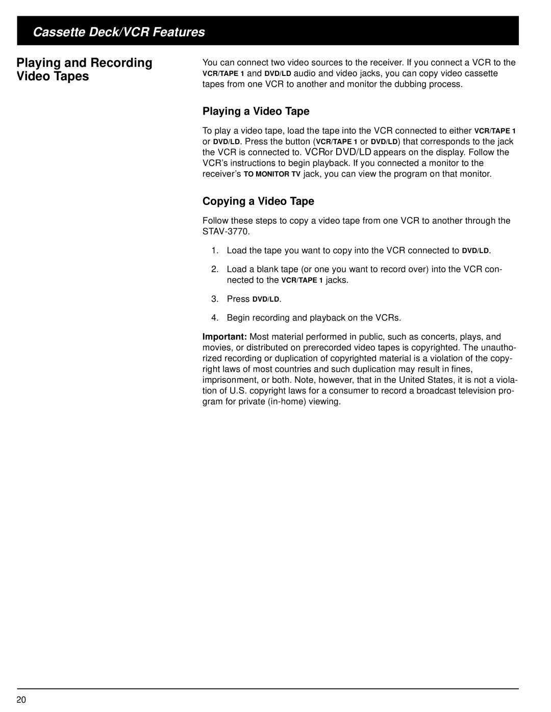 Optimus 31-3042 owner manual Playing a Video Tape, Copying a Video Tape 