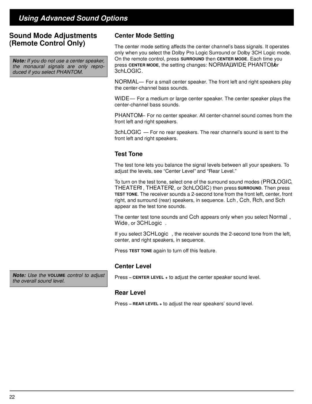 Optimus 31-3042 owner manual Center Mode Setting, Test Tone, Center Level, Rear Level 