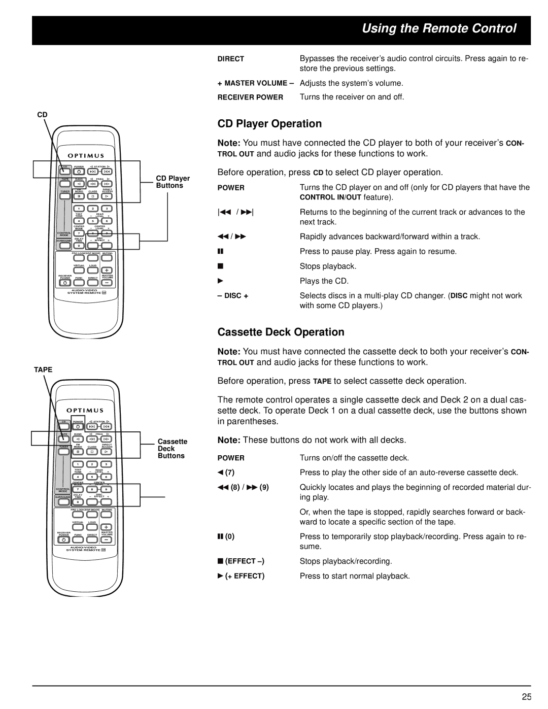 Optimus 31-3042 owner manual CD Player Operation, Cassette Deck Operation 