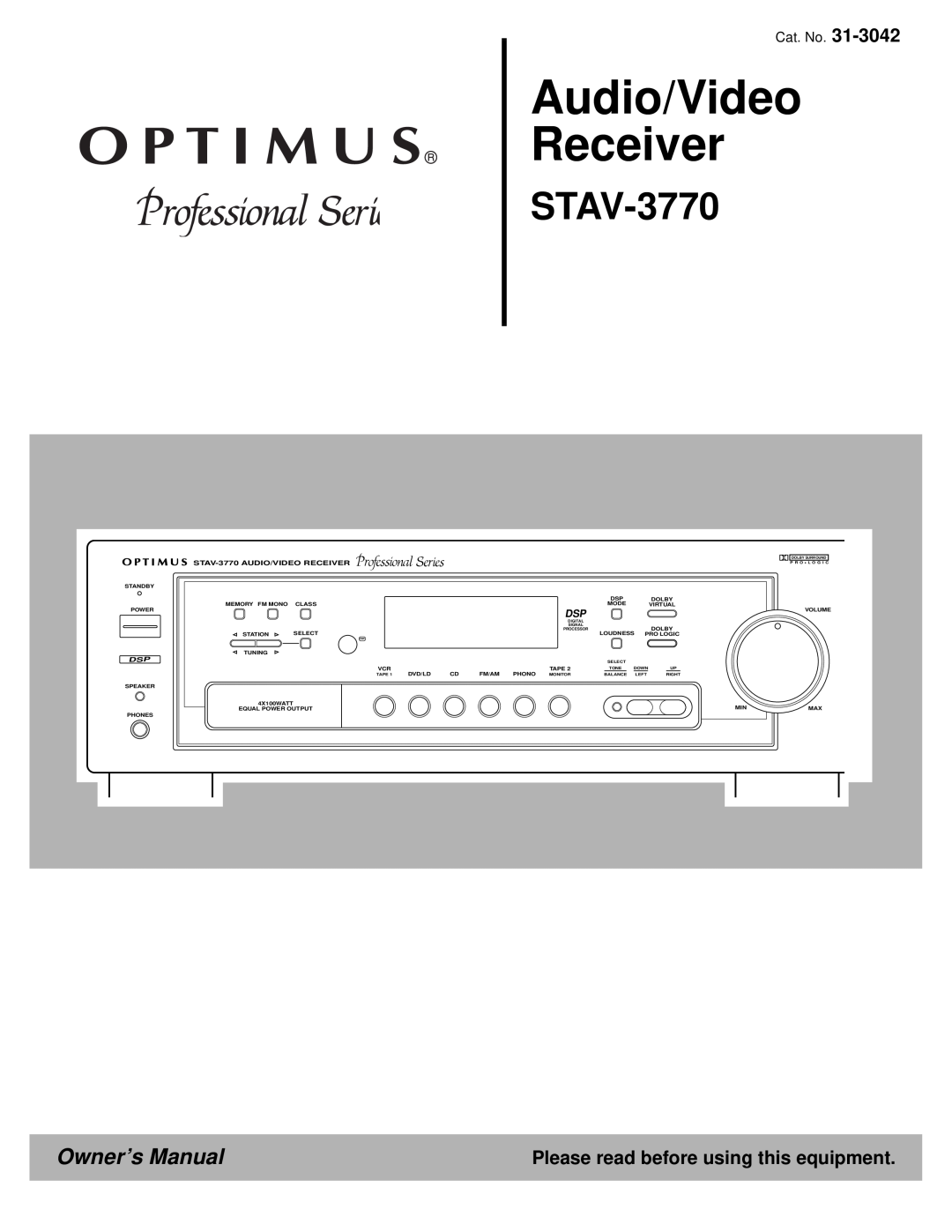 Optimus 31-3042 Audio/Video Receiver, Please read before using this equipment, STAV-3770AUDIO/VIDEO RECEIVER 
