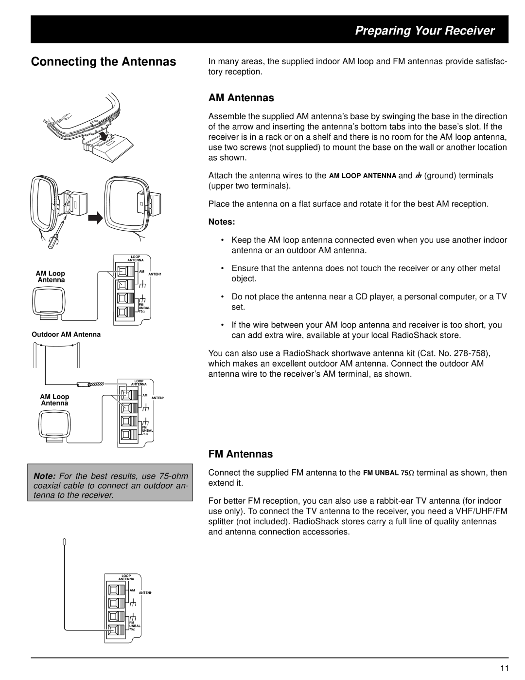 Optimus 31-3042 owner manual Preparing Your Receiver, Connecting the Antennas, AM Antennas, FM Antennas 