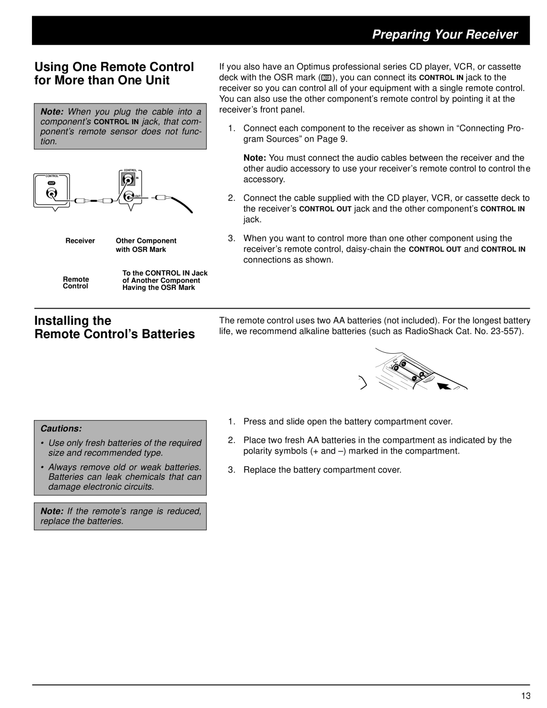 Optimus 31-3042 owner manual Preparing Your Receiver, Installing the Remote Control’s Batteries, Cautions 