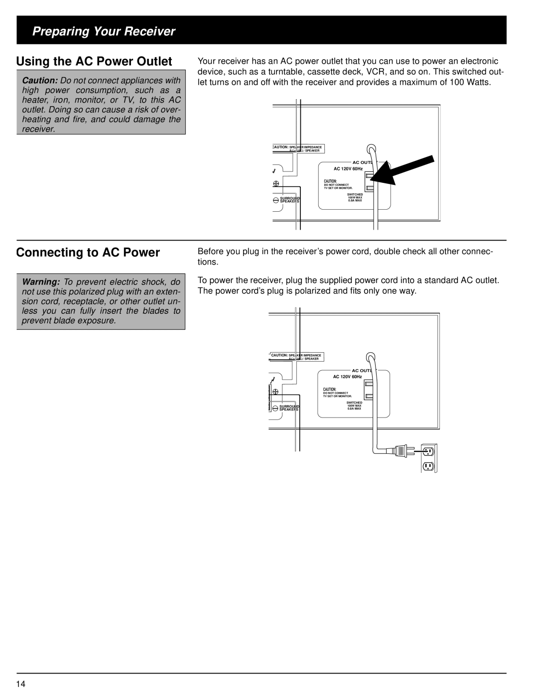 Optimus 31-3042 owner manual Using the AC Power Outlet, Connecting to AC Power, Preparing Your Receiver 