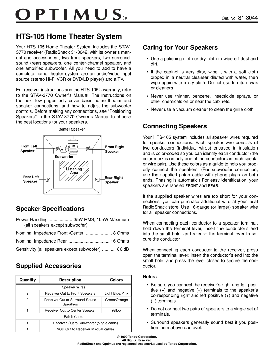 Optimus 31-3044 specifications Caring for Your Speakers, Connecting Speakers, Speaker Specifications, Supplied Accessories 