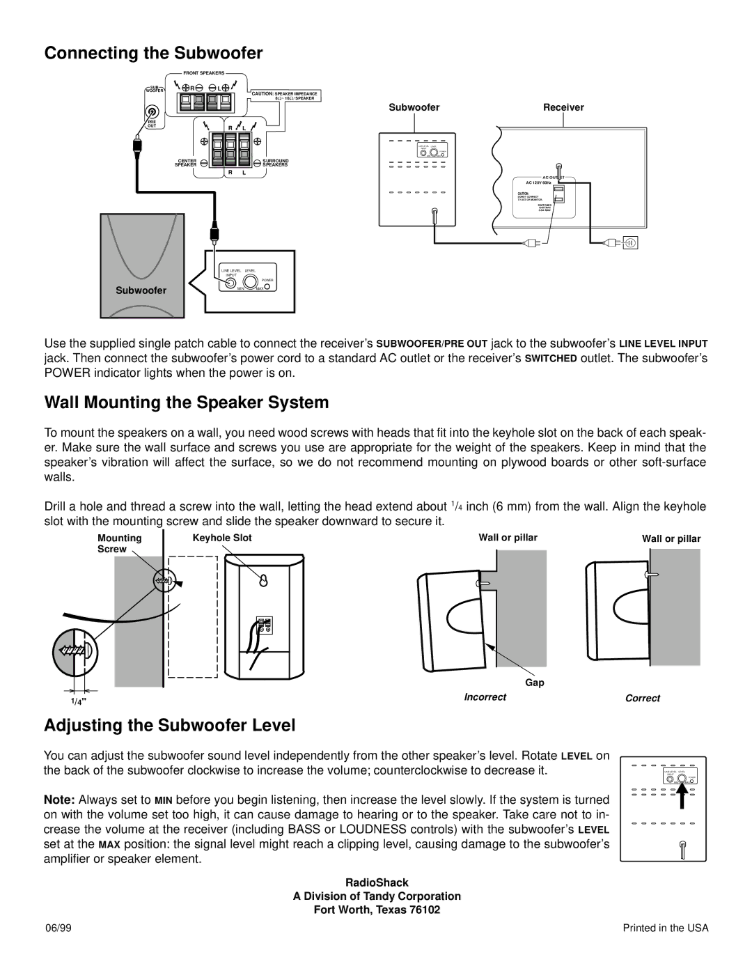 Optimus 31-3044 specifications Connecting the Subwoofer, Wall Mounting the Speaker System, Adjusting the Subwoofer Level 