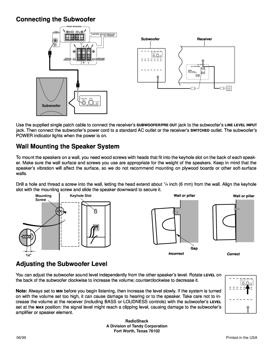 Optimus 31-3044 specifications Connecting the Subwoofer, Wall Mounting the Speaker System, Adjusting the Subwoofer Level 