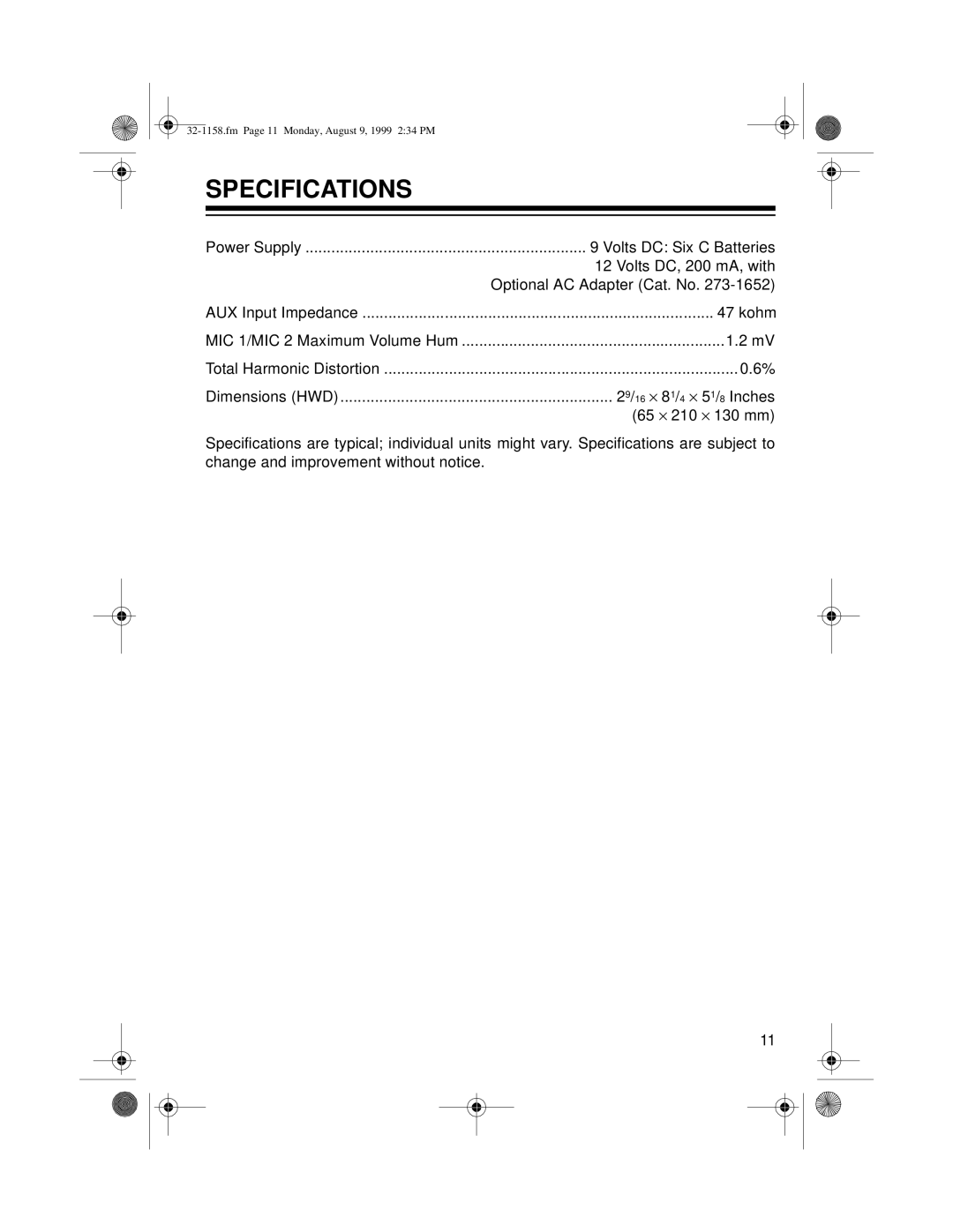 Optimus 32-1158 owner manual Specifications 