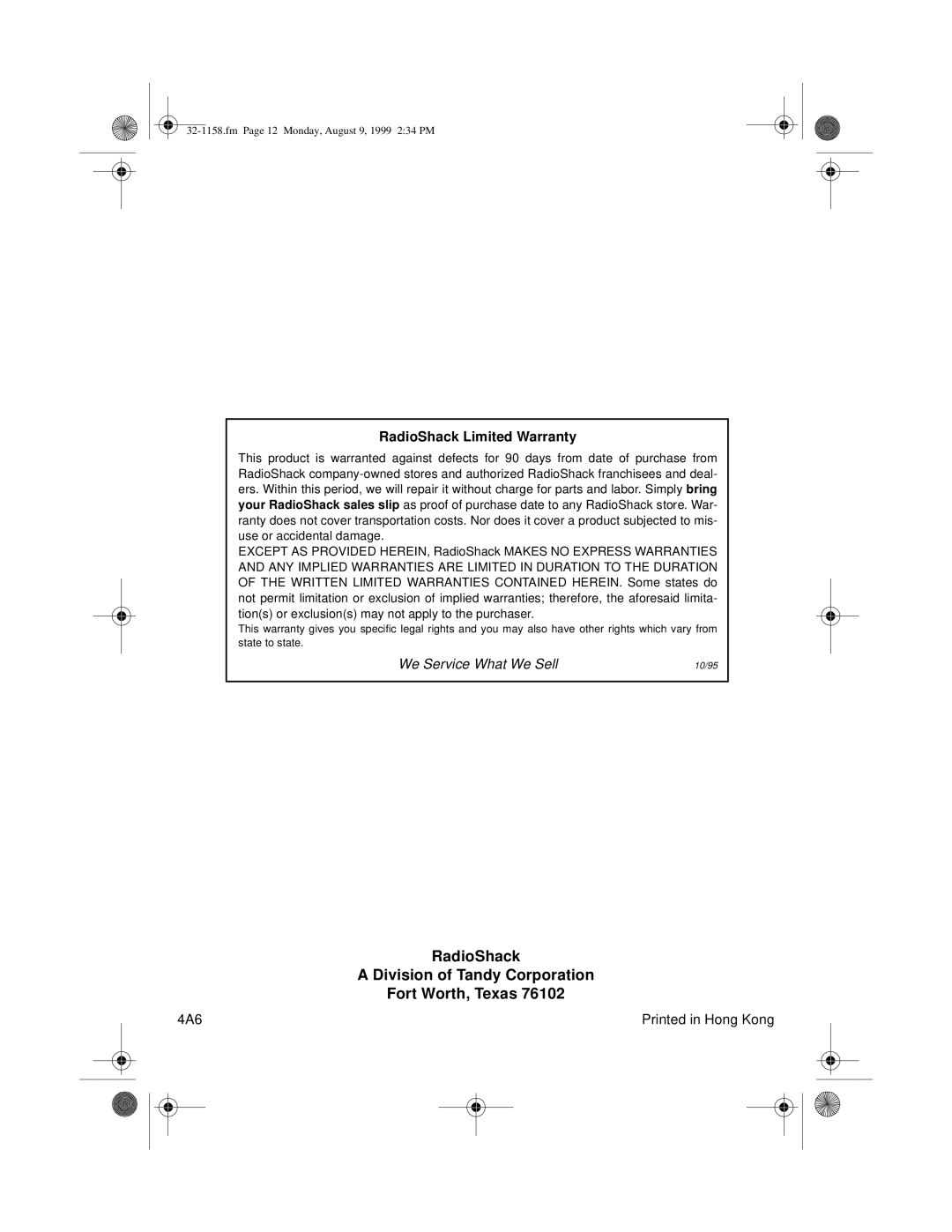 Optimus 32-1158 owner manual RadioShack Division of Tandy Corporation Fort Worth, Texas 