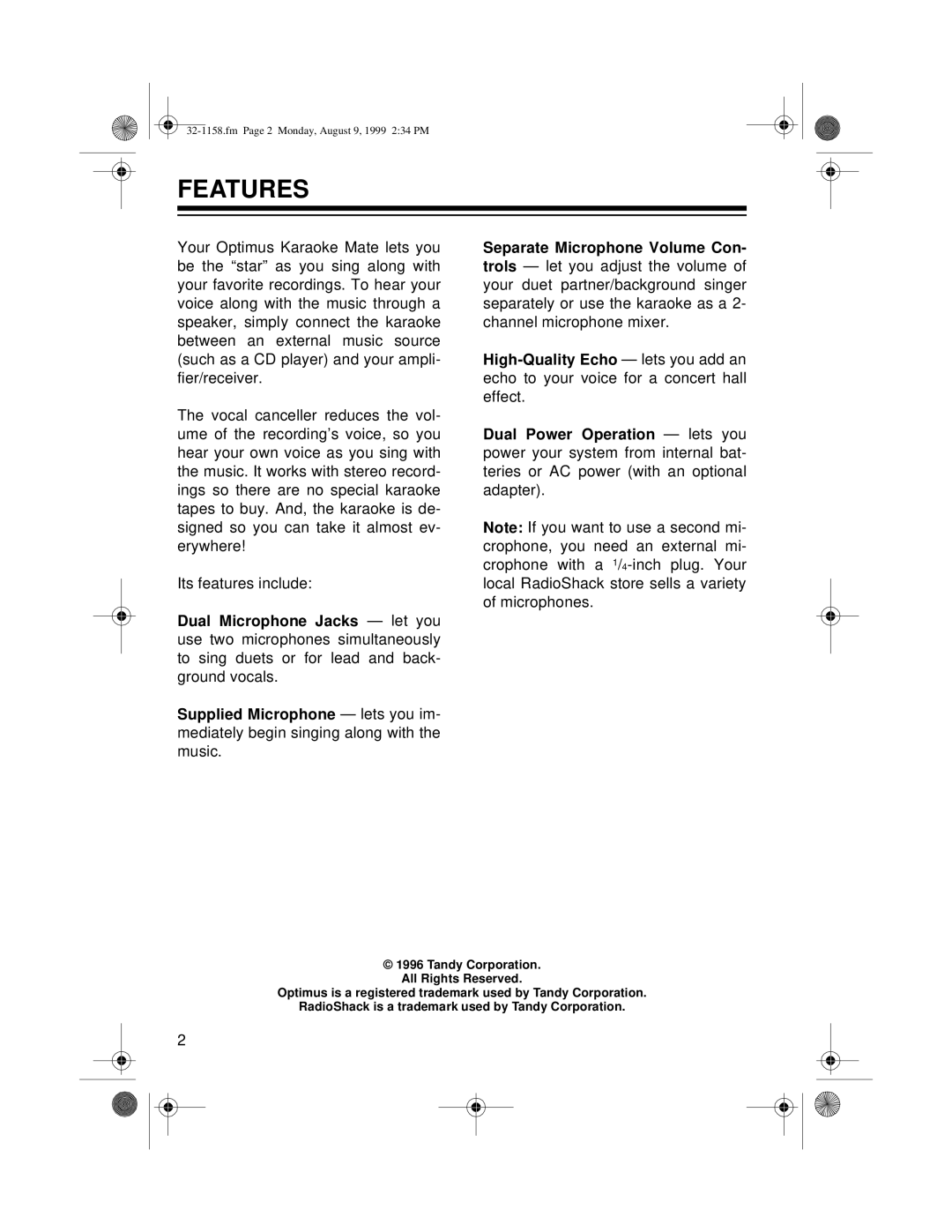 Optimus 32-1158 owner manual Features 