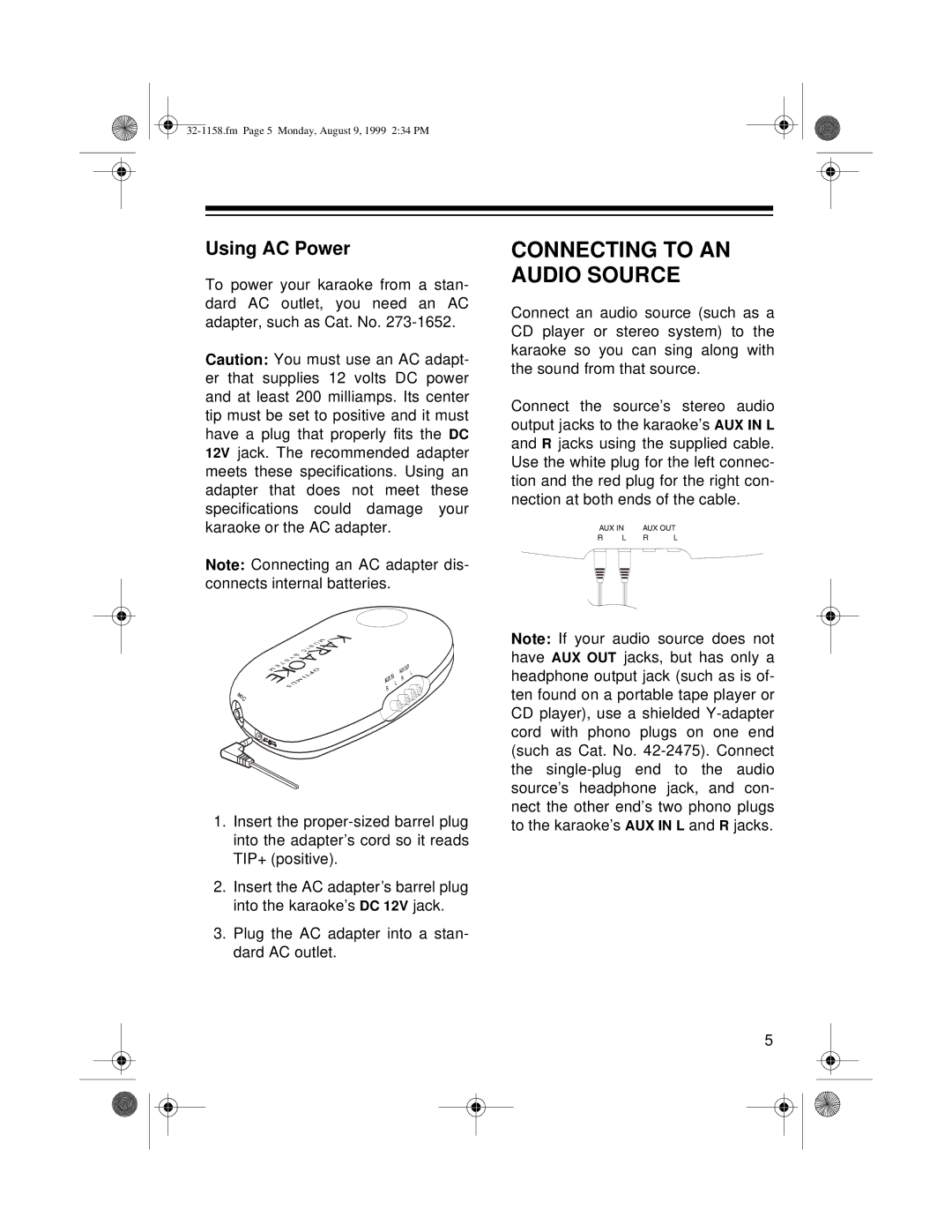 Optimus 32-1158 owner manual Connecting to AN Audio Source, Using AC Power 