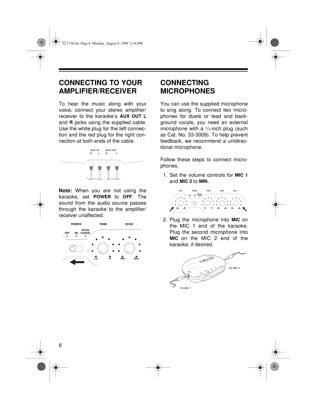 Optimus 32-1158 owner manual Connecting Microphones, Connecting to Your AMPLIFIER/RECEIVER 