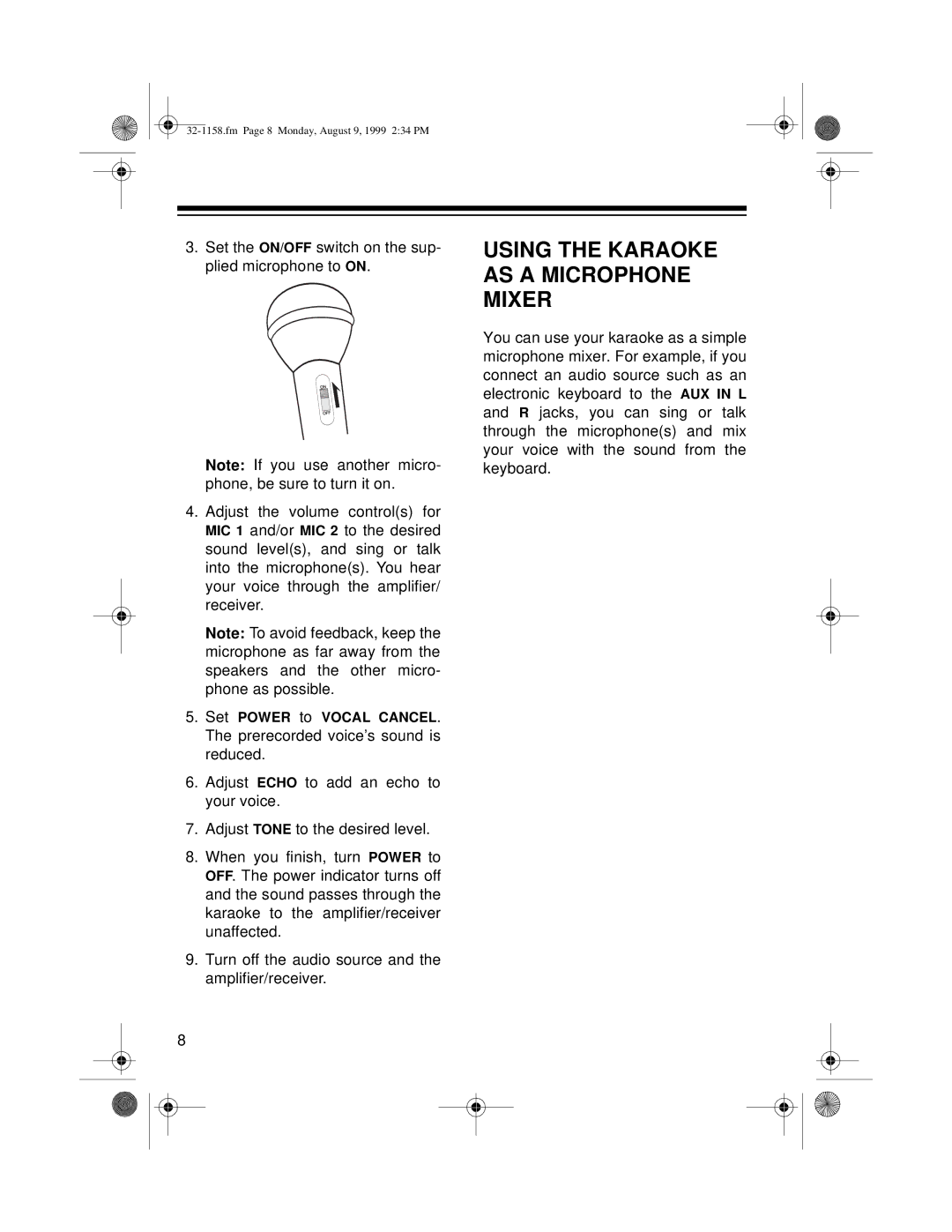 Optimus 32-1158 owner manual Using the Karaoke AS a Microphone Mixer 