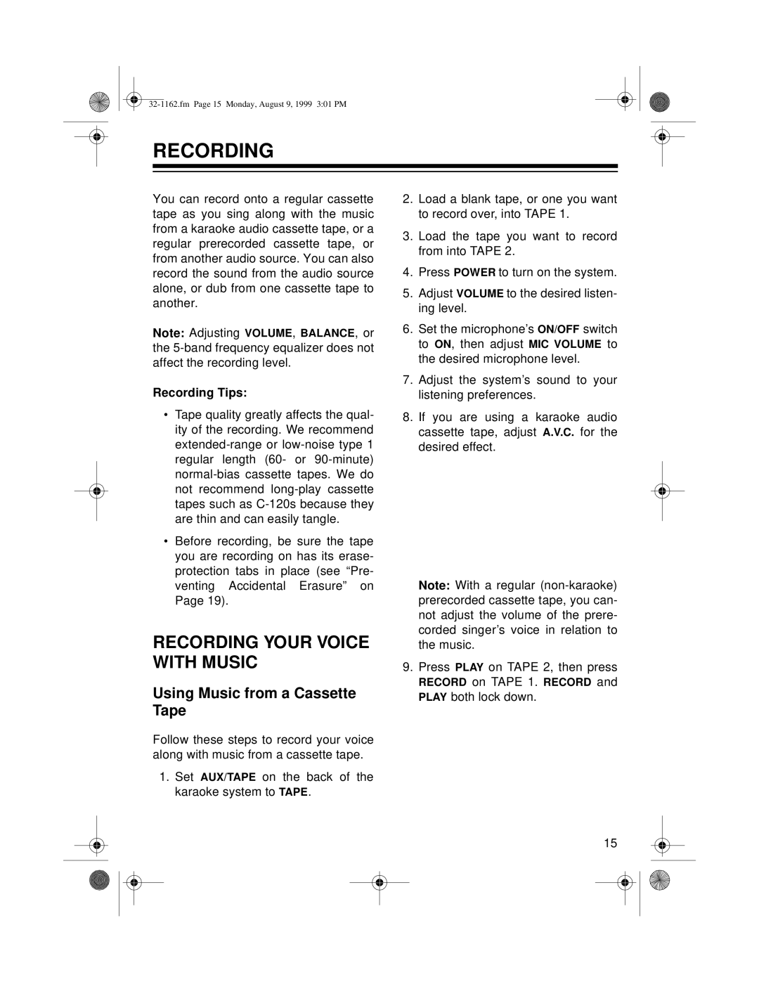 Optimus 32-1162 owner manual Recording Your Voice with Music, Using Music from a Cassette Tape 