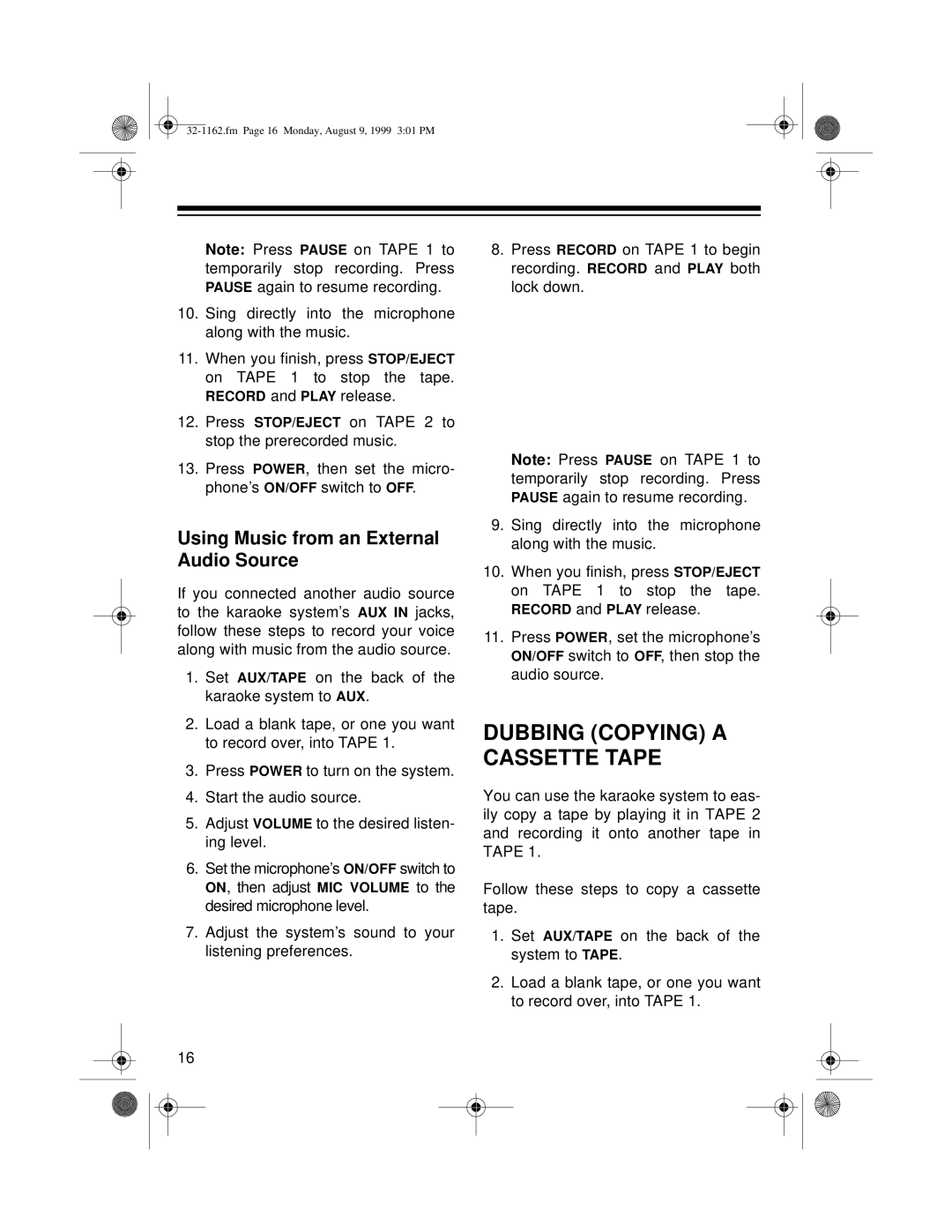 Optimus 32-1162 owner manual Dubbing Copying a Cassette Tape, Using Music from an External Audio Source 