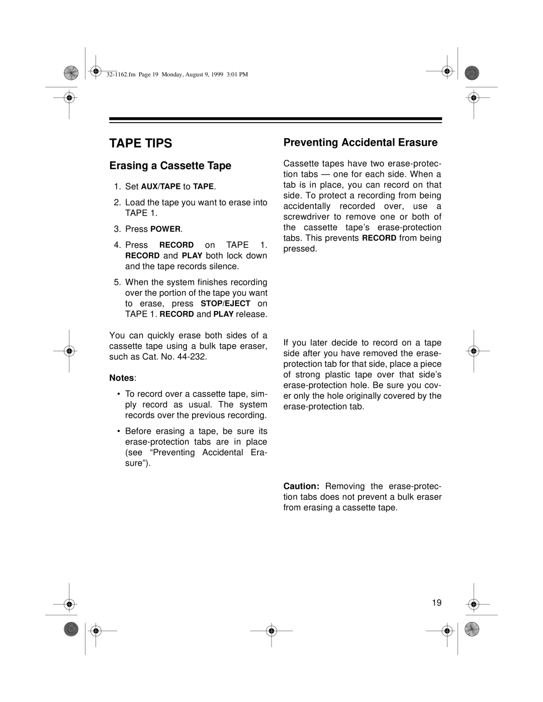 Optimus 32-1162 owner manual Tape Tips, Erasing a Cassette Tape, Preventing Accidental Erasure 