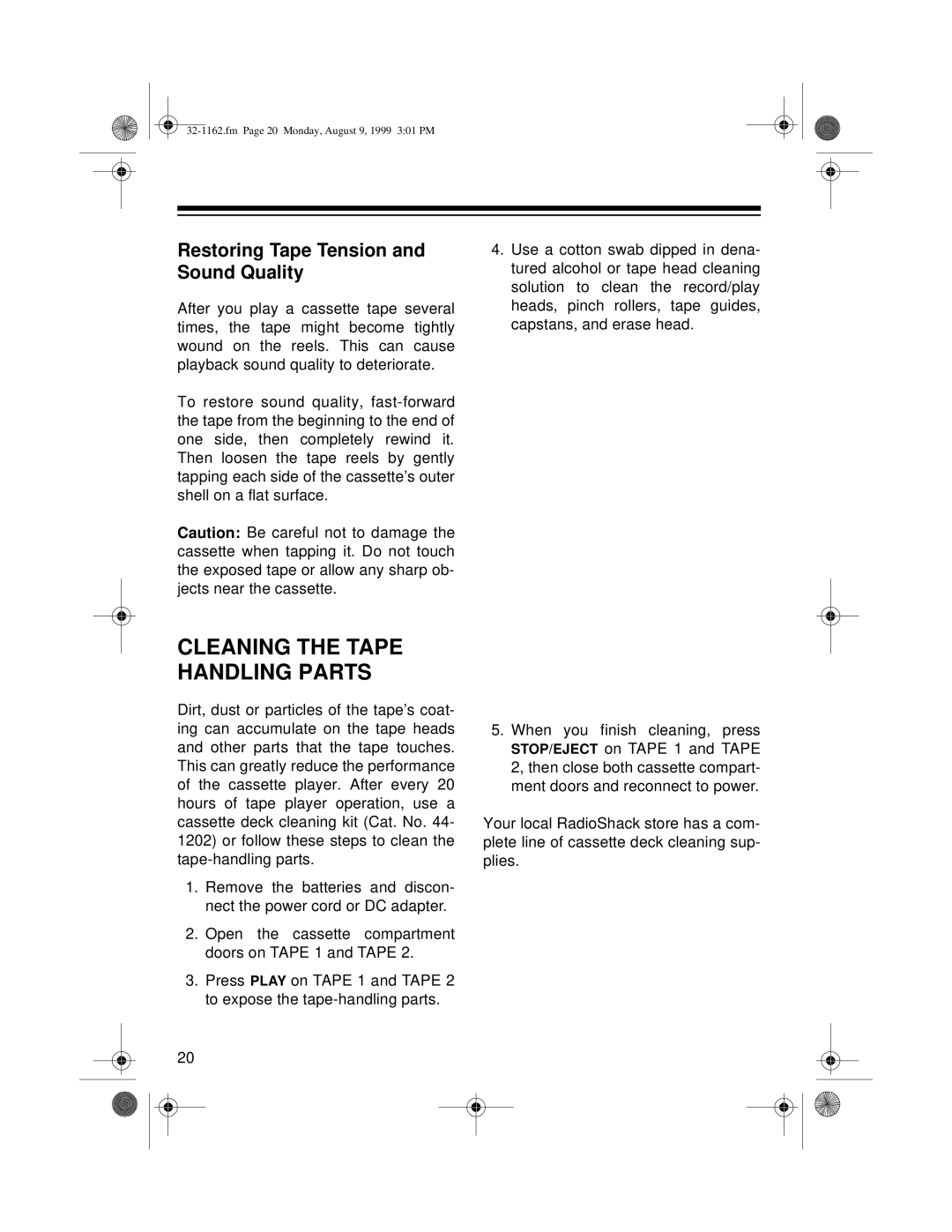 Optimus 32-1162 owner manual Cleaning the Tape Handling Parts, Restoring Tape Tension and Sound Quality 