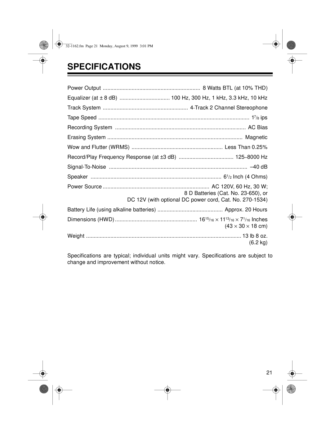 Optimus 32-1162 owner manual Specifications 