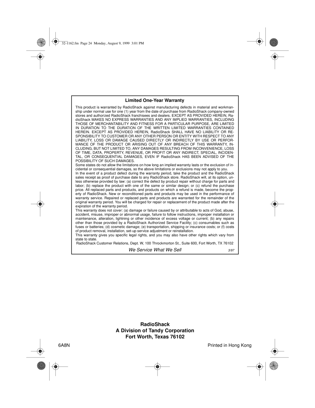 Optimus 32-1162 owner manual RadioShack Division of Tandy Corporation Fort Worth, Texas 